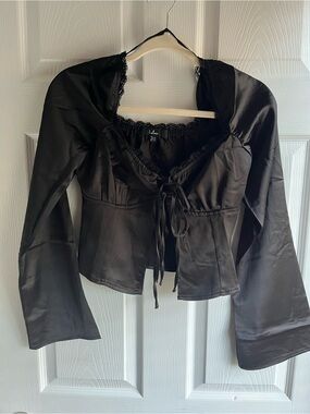 Lulu's Black Satin Lace-Trim Tie-Front Top